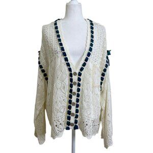 Pol Crochet Lace Cardigan Sweater White With Blue Accents Womens Size L